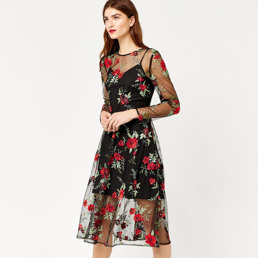 Warehouse Black Mesh Midi Dress with Red Floral Embroidery
